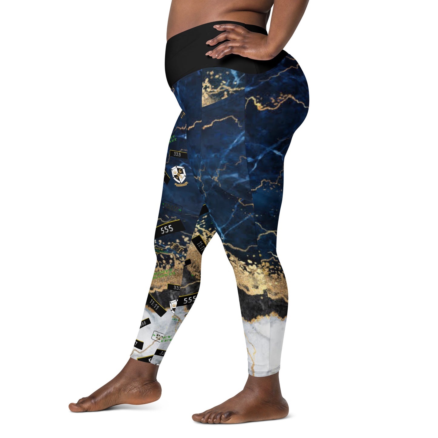 8xquiZit Collection - Women's Manifestation Tri-color Blue, Gold, & White Marble Crossover Leggings with Pockets