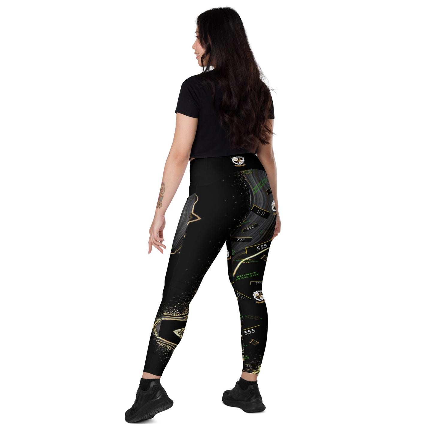 8xquiZit Collection - Women's Manifestation Deep Black N Gold Crossover leggings with pockets