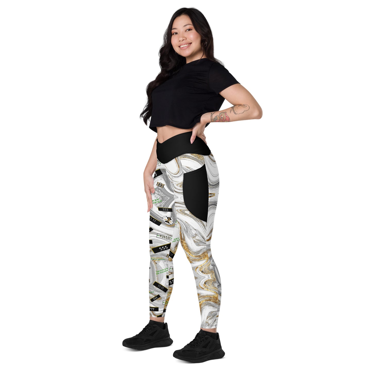 8xquiZit Collection - Women's White N Gold Marble Manifestation Crossover leggings with pockets