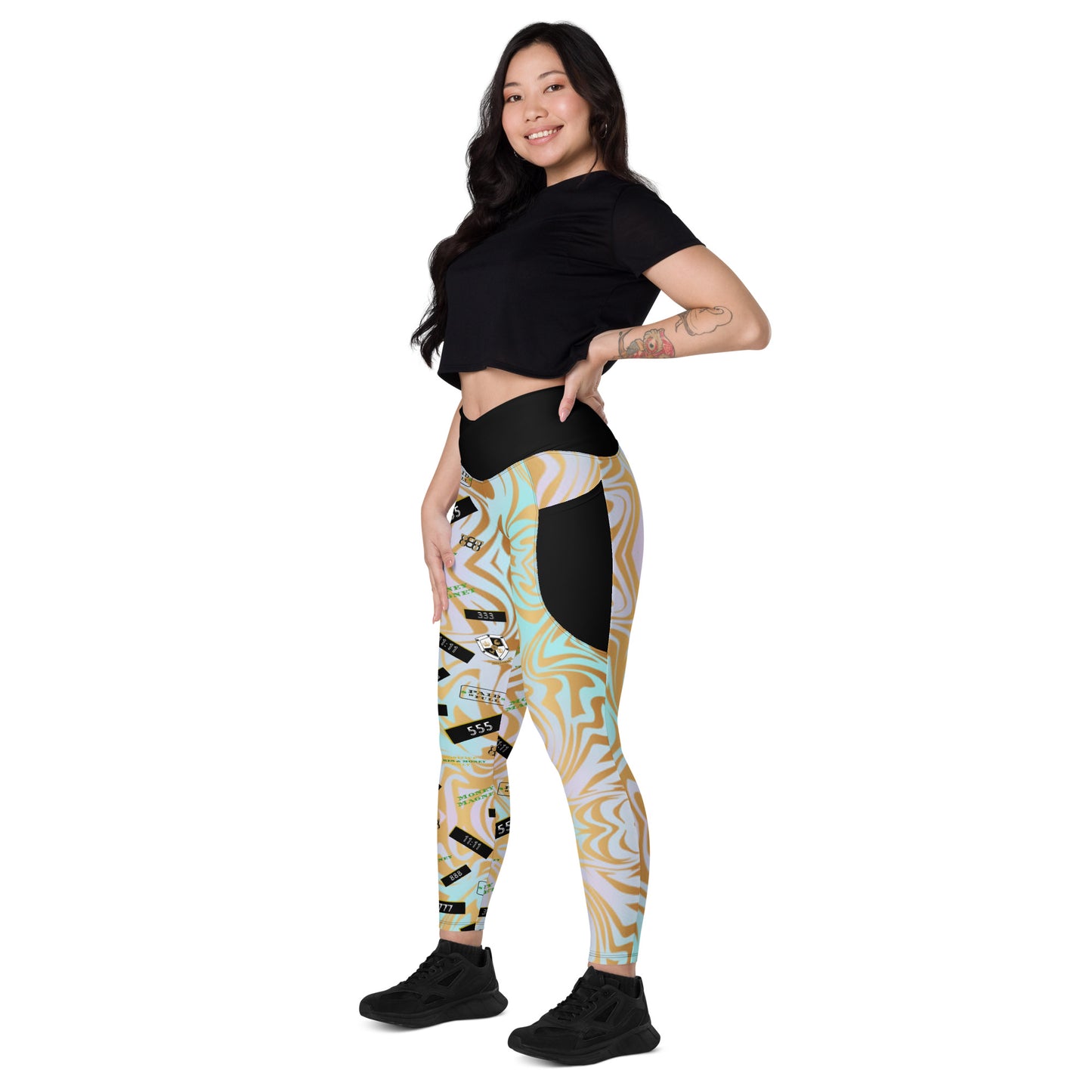 8xquiZit Collection - Women's Manifestation Pynk N Turq Jungle Luv Crossover Leggings with Pockets