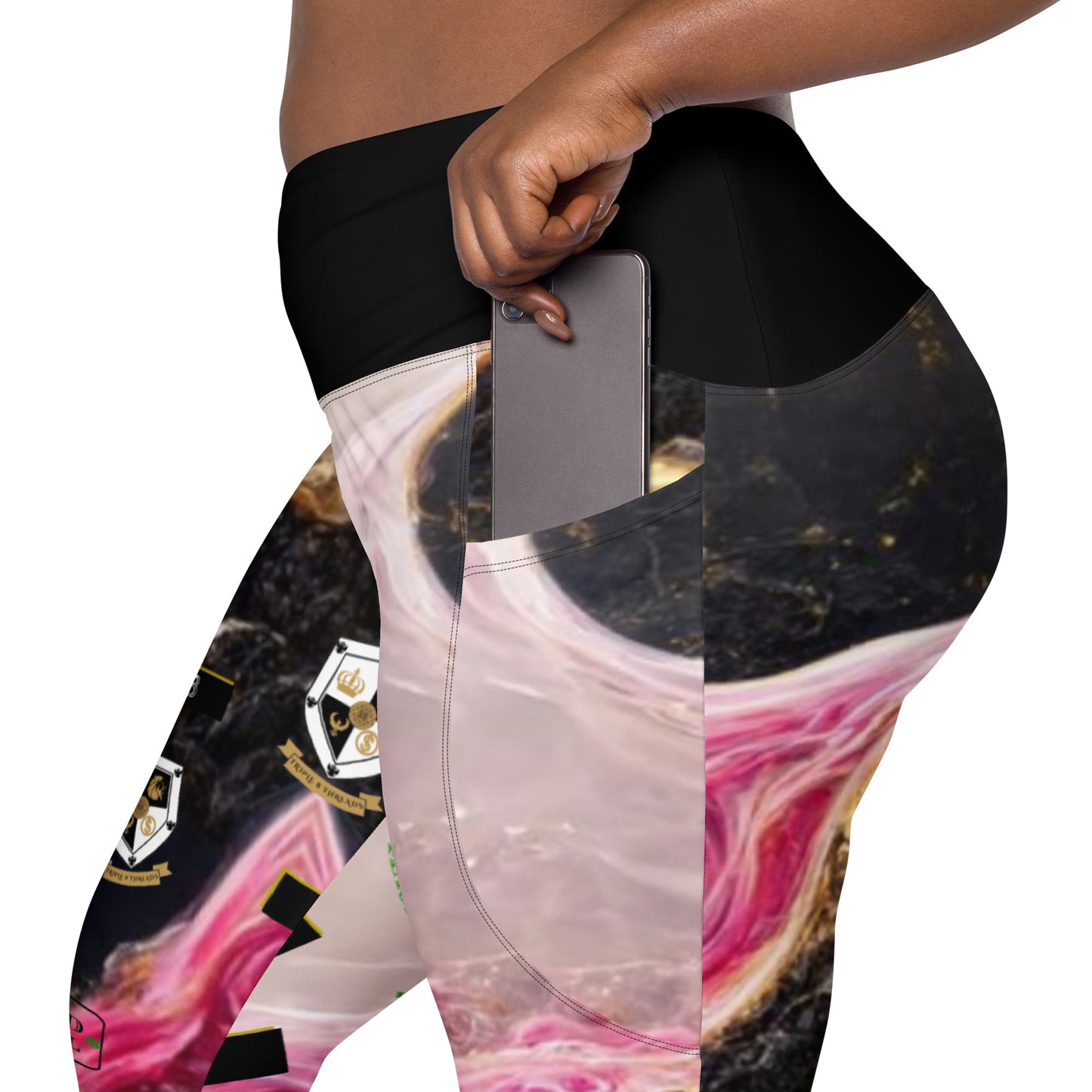 8xquiZit Collection - Women's Manifestation Pynk, Black, N Gold Marble Crossover leggings with pockets