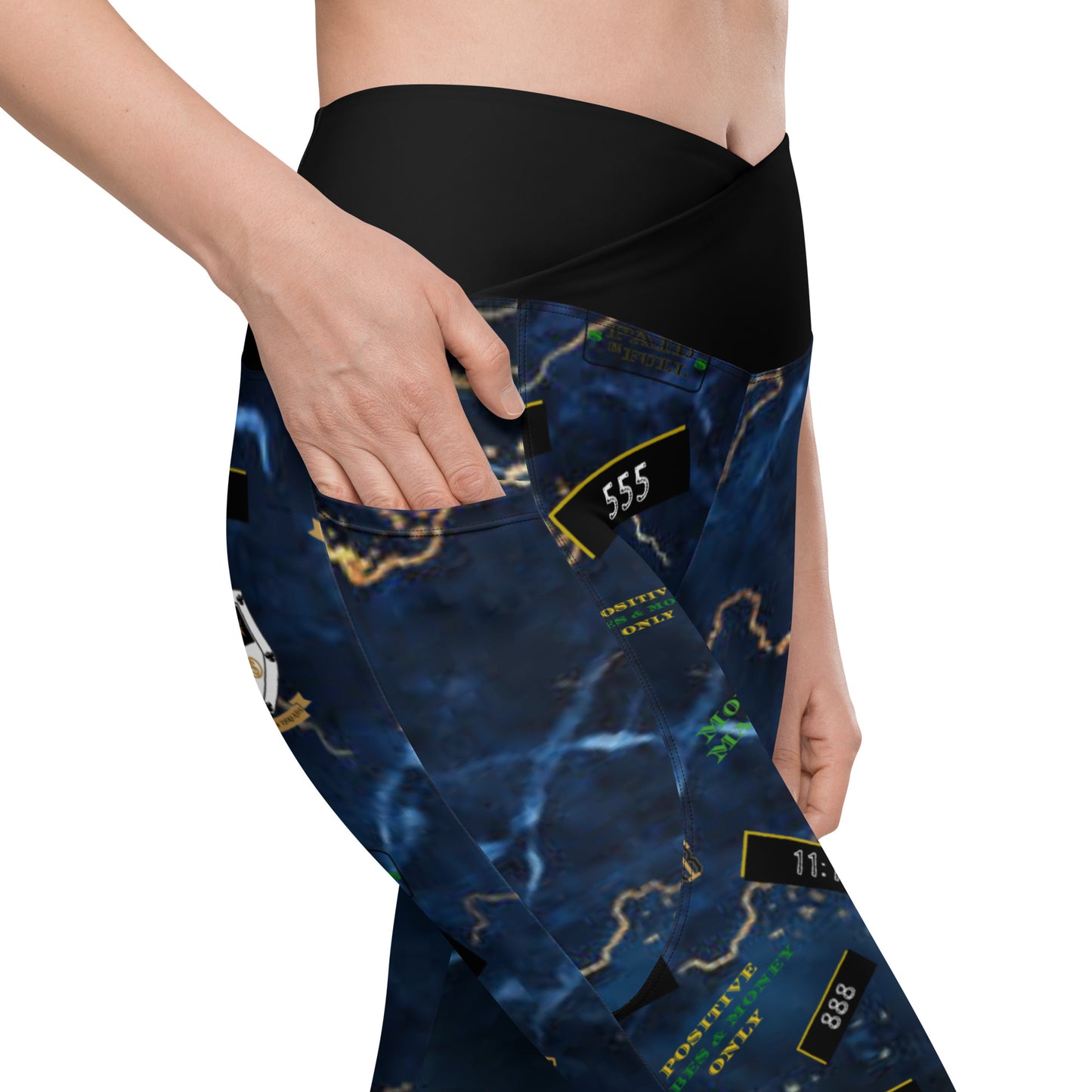 8xquiZit Collection - Women's Manifestation Tri-color Blue, Gold, & White Marble Crossover Leggings with Pockets