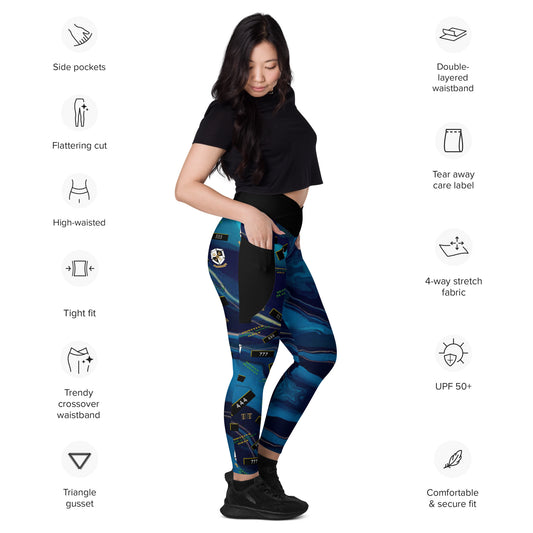 8xquiZit Collection - Women's Manifestation Ocean Viewz Blue Marble Crossover leggings with Pockets