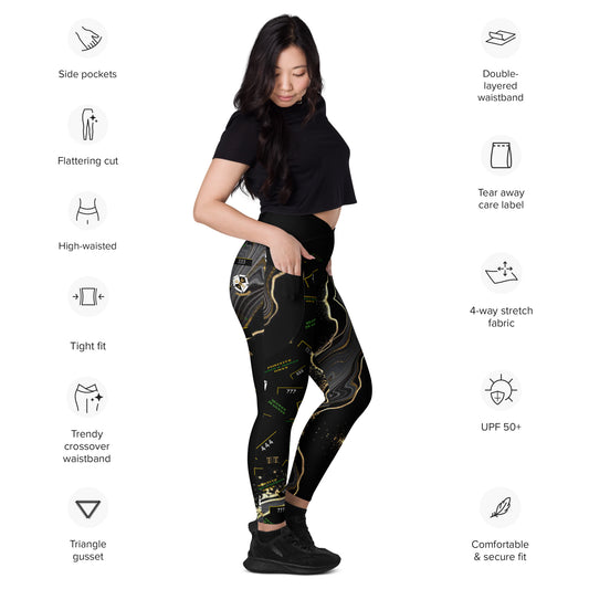 8xquiZit Collection - Women's Manifestation Deep Black N Gold Crossover leggings with pockets