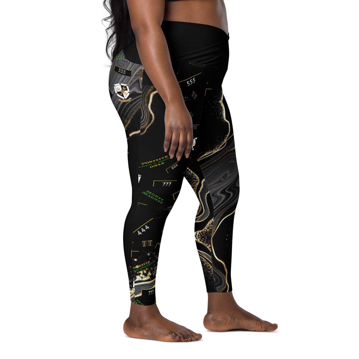8xquiZit Collection - Women's Manifestation Deep Black N Gold Crossover leggings with pockets