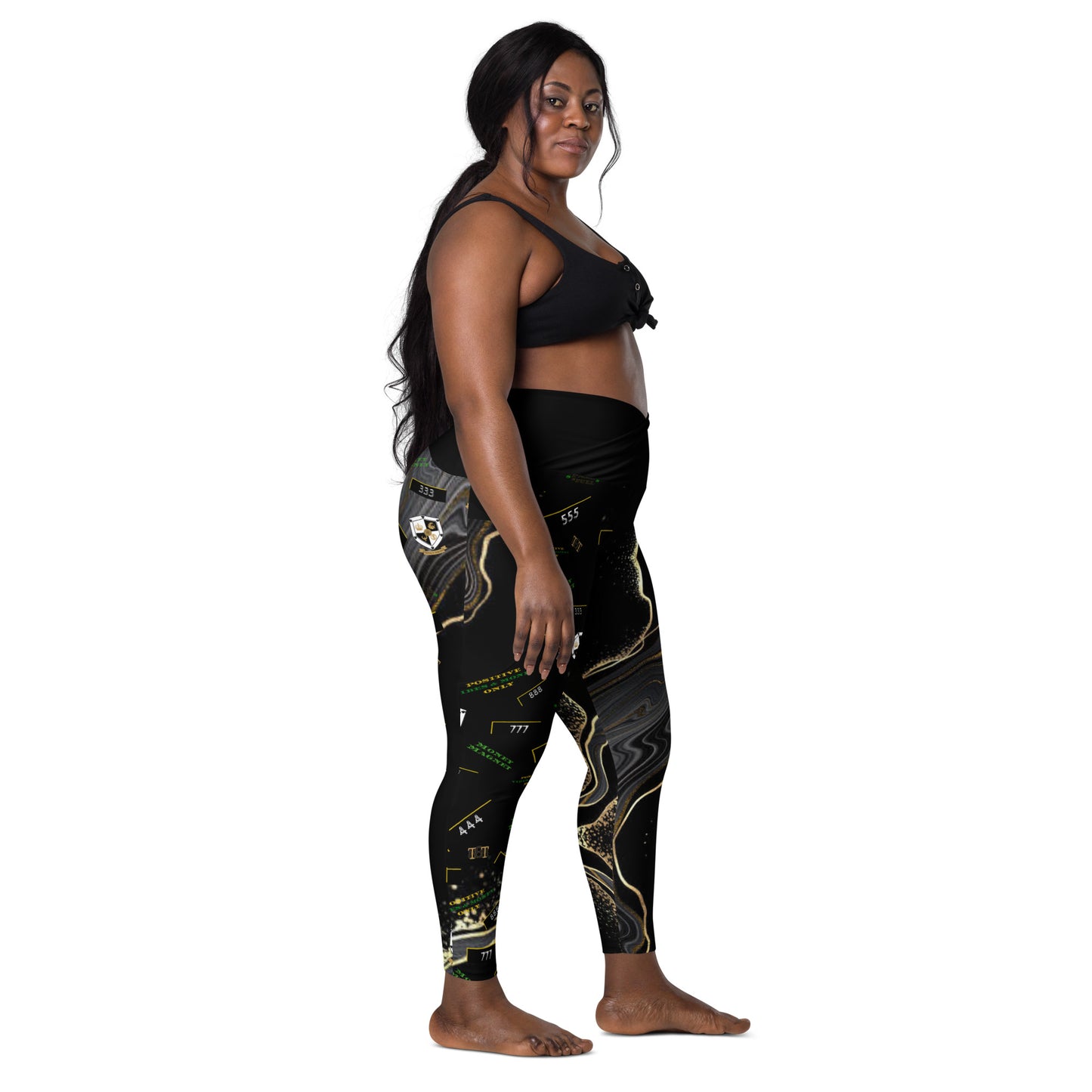 8xquiZit Collection - Women's Manifestation Deep Black N Gold Crossover leggings with pockets