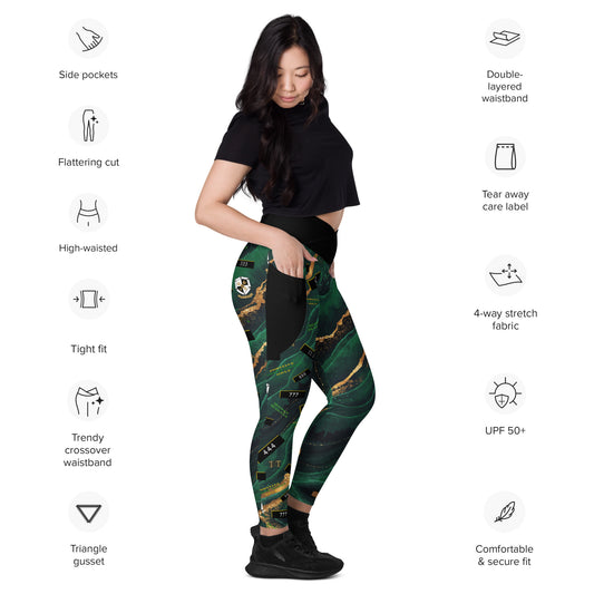 8xquiZit Collection - Women's Manifestation Emerald Green N Gold Marble Crossover Leggings with Pockets