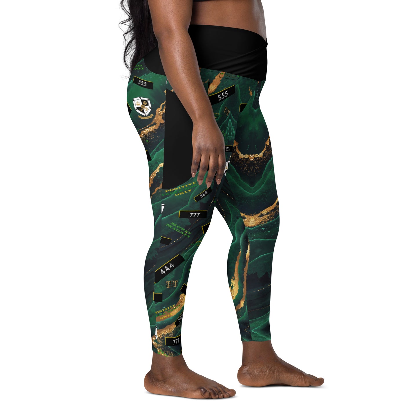 8xquiZit Collection - Women's Manifestation Emerald Green N Gold Marble Crossover Leggings with Pockets
