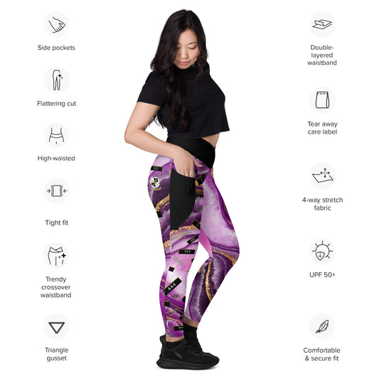 8xquiZit Collection - Women's Manifestation Royal Purple N Gold Marble Crossover Leggings with Pockets