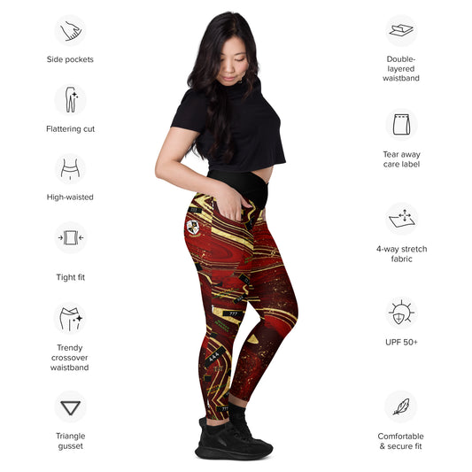 8xquiZit Collection - Women's Manifestation Ruby Red N Gold Marble Crossover Leggings with Pockets