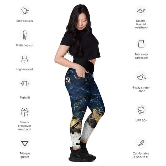 8xquiZit Collection - Women's Manifestation Tri-color Blue, Gold, & White Marble Crossover Leggings with Pockets