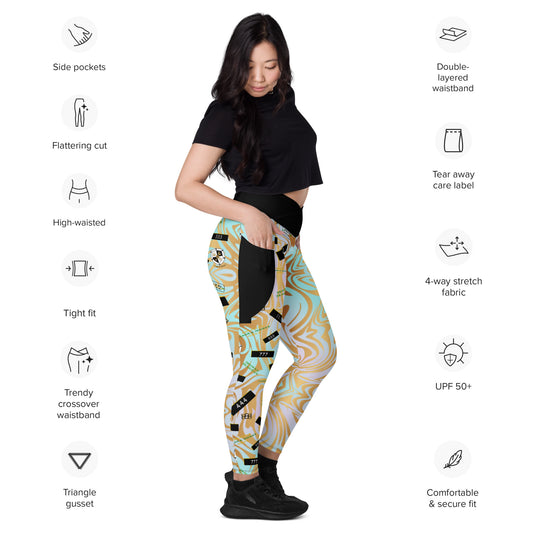 8xquiZit Collection - Women's Manifestation Pynk N Turq Jungle Luv Crossover Leggings with Pockets