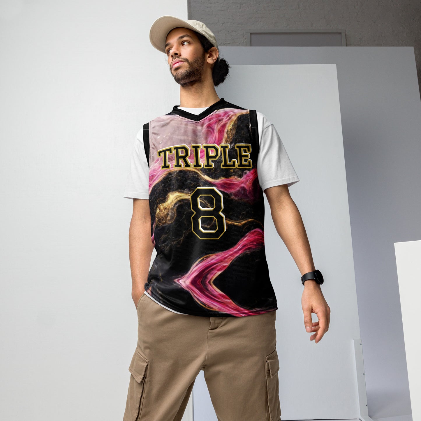 8xquiZit Collection T8T Pynk, Black, N Gold Marble  Unisex Basketball Jersey