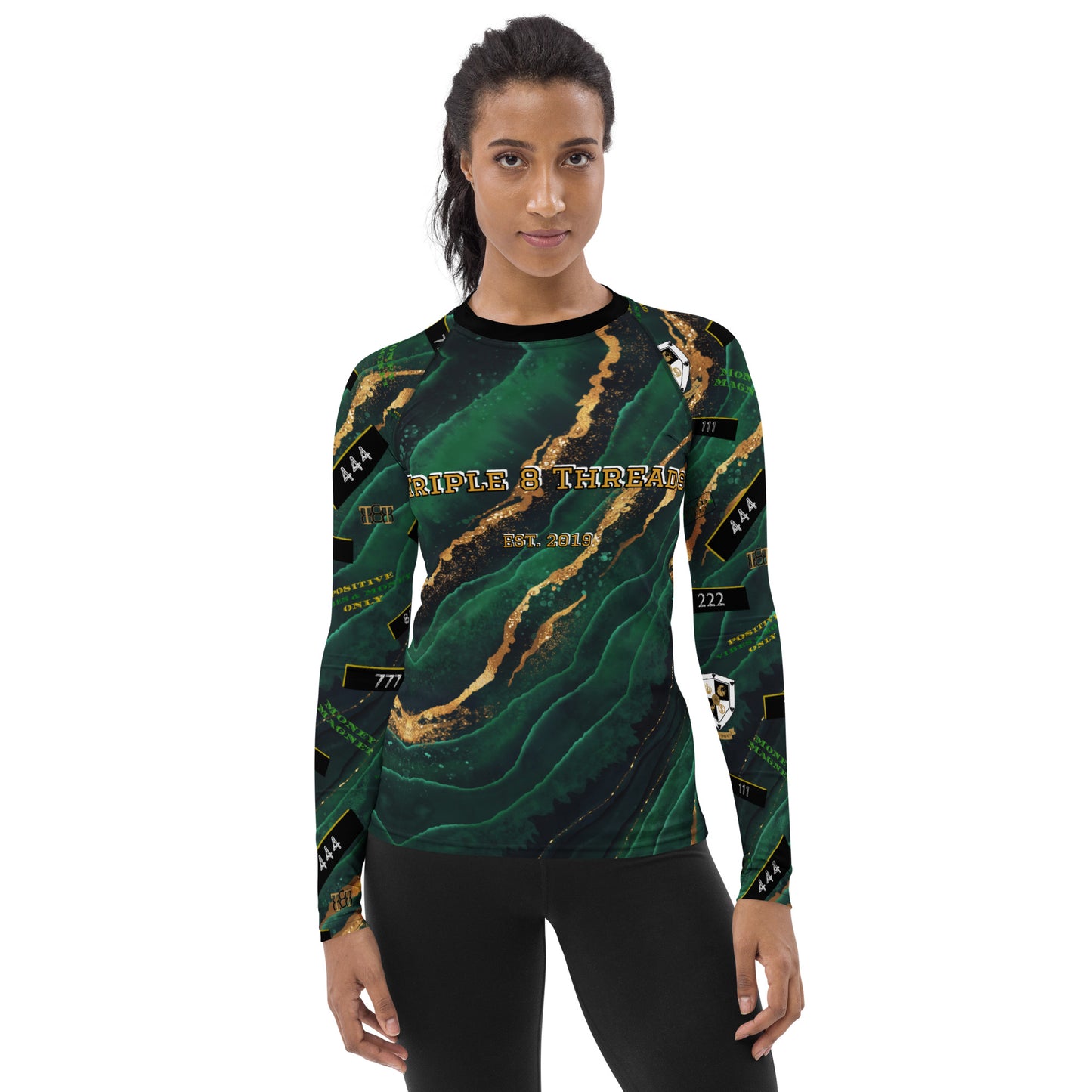 8xquiZit Collection - Women's Manifestation Emerald Green N Gold Marble Long Sleeve Activewear