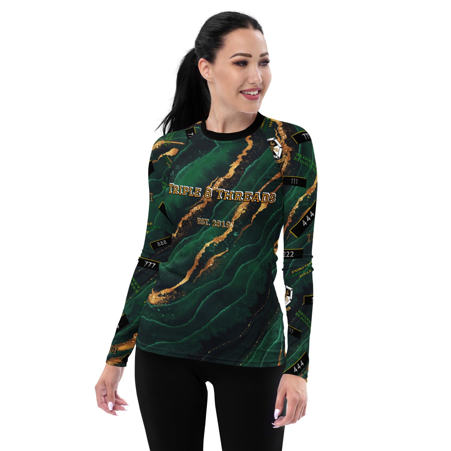 8xquiZit Collection - Women's Manifestation Emerald Green N Gold Marble Long Sleeve Activewear