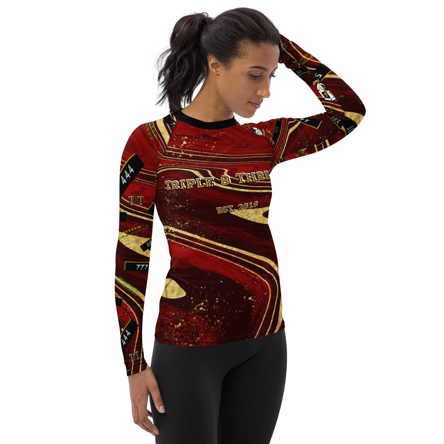 8xquiZit Collection - Women's Manifestation Ruby Red N Gold Marble Long Sleeve Activewear